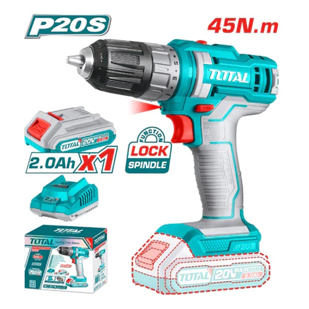 TALADRO INALAMBRICO 1/32/3/8" 20V INCLUYE 1 BATERIA 2.0Ah Y 1 CARGADOR INDUSTRIAL TOTAL(UTDLI200518)