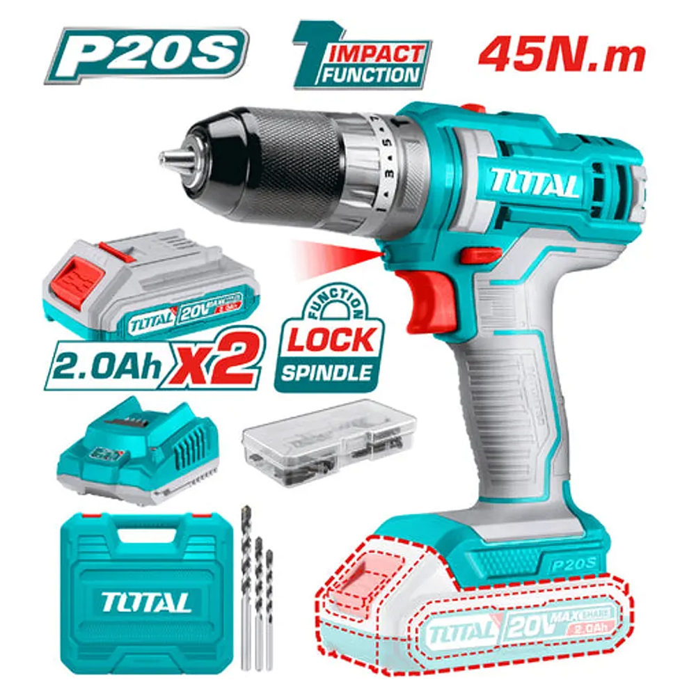 TALADRO INALAMBRICO 1/32/3/8" 20V INCLUYE 2 BATERIA 2.0Ah, 1CARGADOR Y 50 ACCESORIOS CAJA PLASTICA INDUSTRIAL TOTAL(UTIDLI201452)