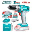 TALADRO INALAMBRICO 1/32/3/8" 20V INCLUYE 2 BATERIA 2.0Ah, 1CARGADOR Y 50 ACCESORIOS CAJA PLASTICA INDUSTRIAL TOTAL(UTIDLI201452)