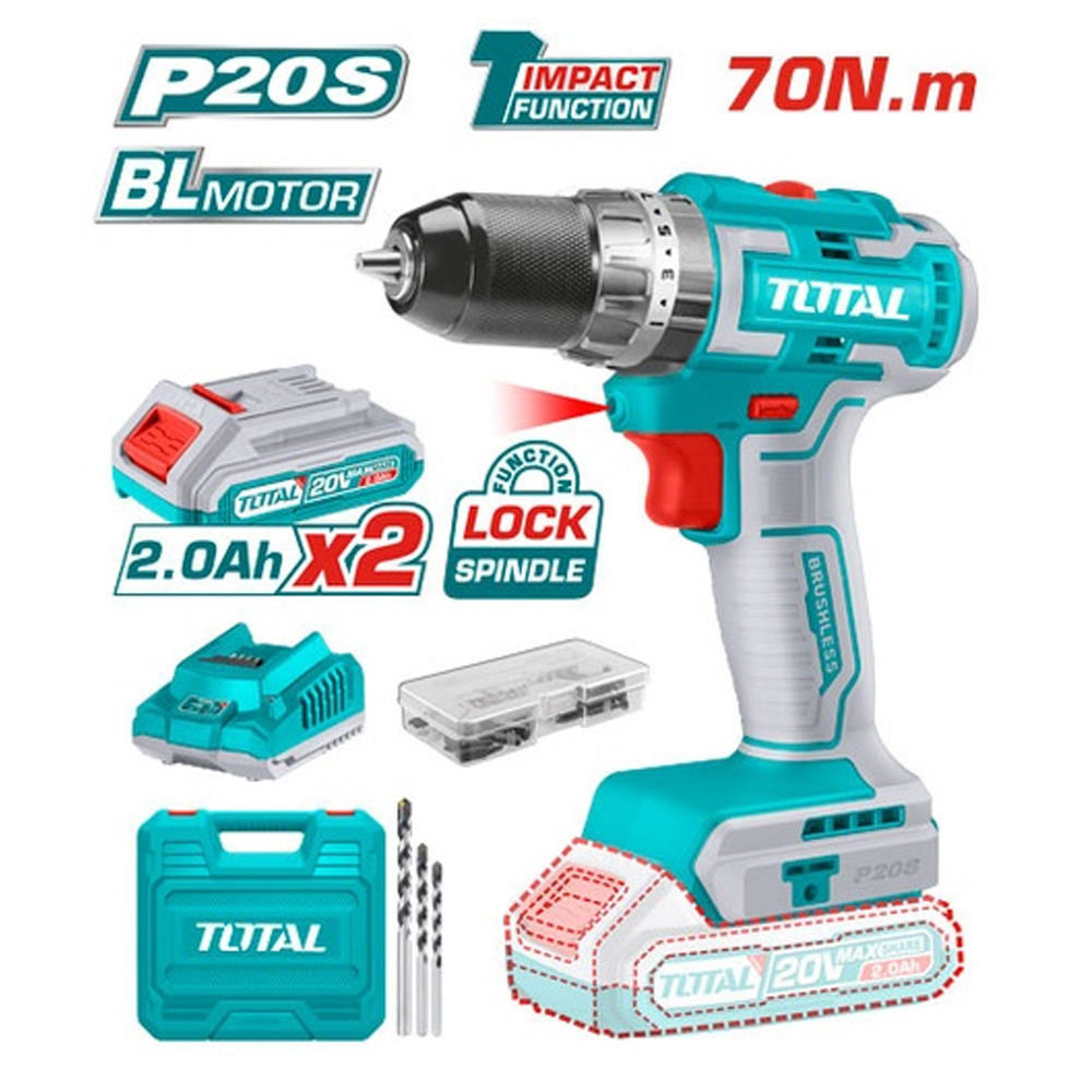 TALADRO INALAMBRICO 2-13" 20V INCLUYE 2 BATERIA 2.0Ah, 1CARGADOR Y 50 ACCESORIOS MOTOR SIN ESCOBILLAS CAJA PLASTICA INDUSTRIAL TOTAL(UTIDLI20605