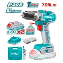 TALADRO INALAMBRICO 2-13" 20V INCLUYE 2 BATERIA 2.0Ah, 1CARGADOR Y 50 ACCESORIOS MOTOR SIN ESCOBILLAS CAJA PLASTICA INDUSTRIAL TOTAL(UTIDLI20605