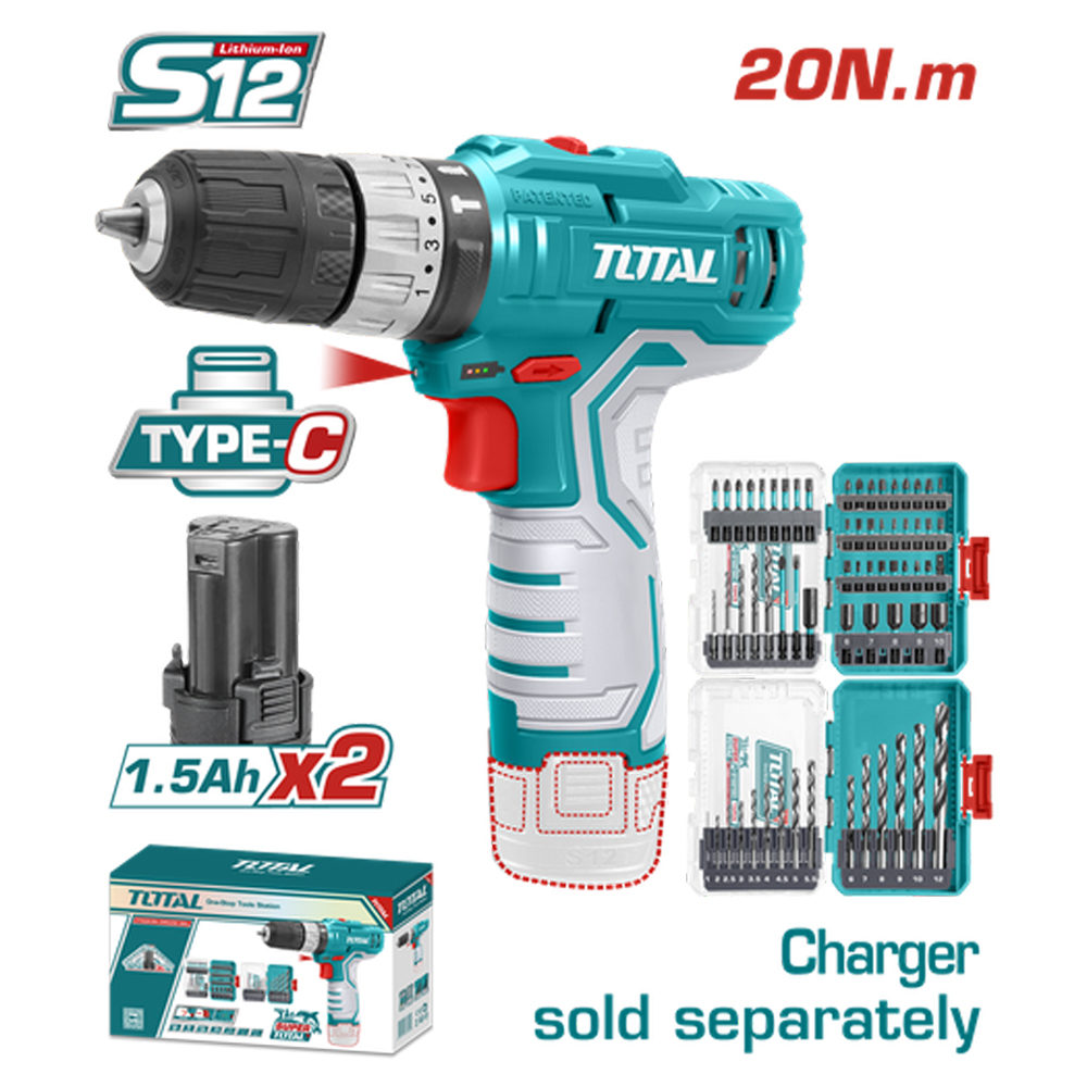 TALADRO INALAMBRICO 3/8 12V 20NM INCLUYE 2 BATERIA DE 2.0 AH + PUNTA TALADRO Y BROCA INDUSTRIAL SUPER TOTAL (UTOSLI241197)