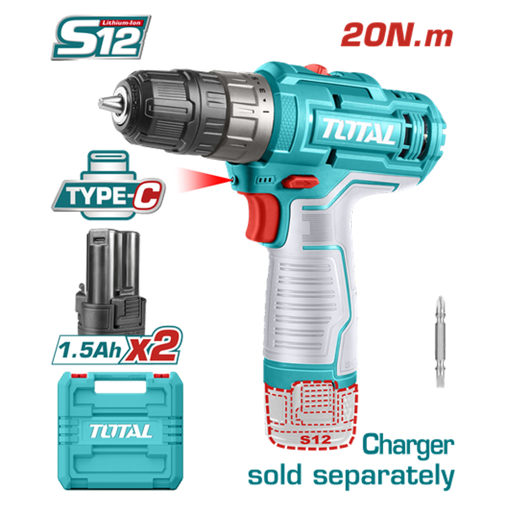 TALADRO INALAMBRICO 3/8 12V INCLUYE 2 BATERIAS ION DE LITIO  CARGADOR NO INCLUIDO TOTAL (TDLI12202)