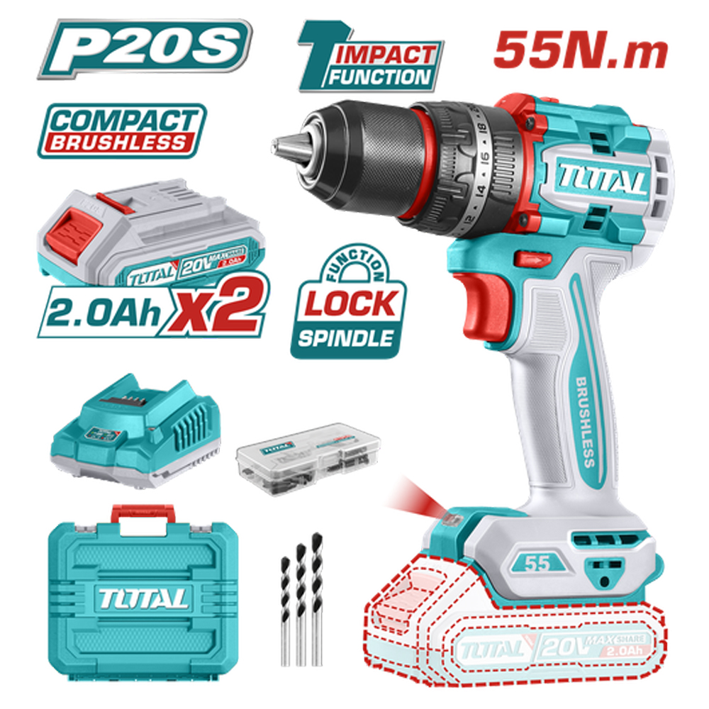 TALADRO INALAMBRICO PERCUTOR 1/2 20V 55NM INCLUYE 2 BATERIA DE 2.0AH, CARGADOR,47 ACCESORIOS,3 BROCAS CONCRETO INDUSTRIAL SUPER TOTAL (UTIDLI20558)