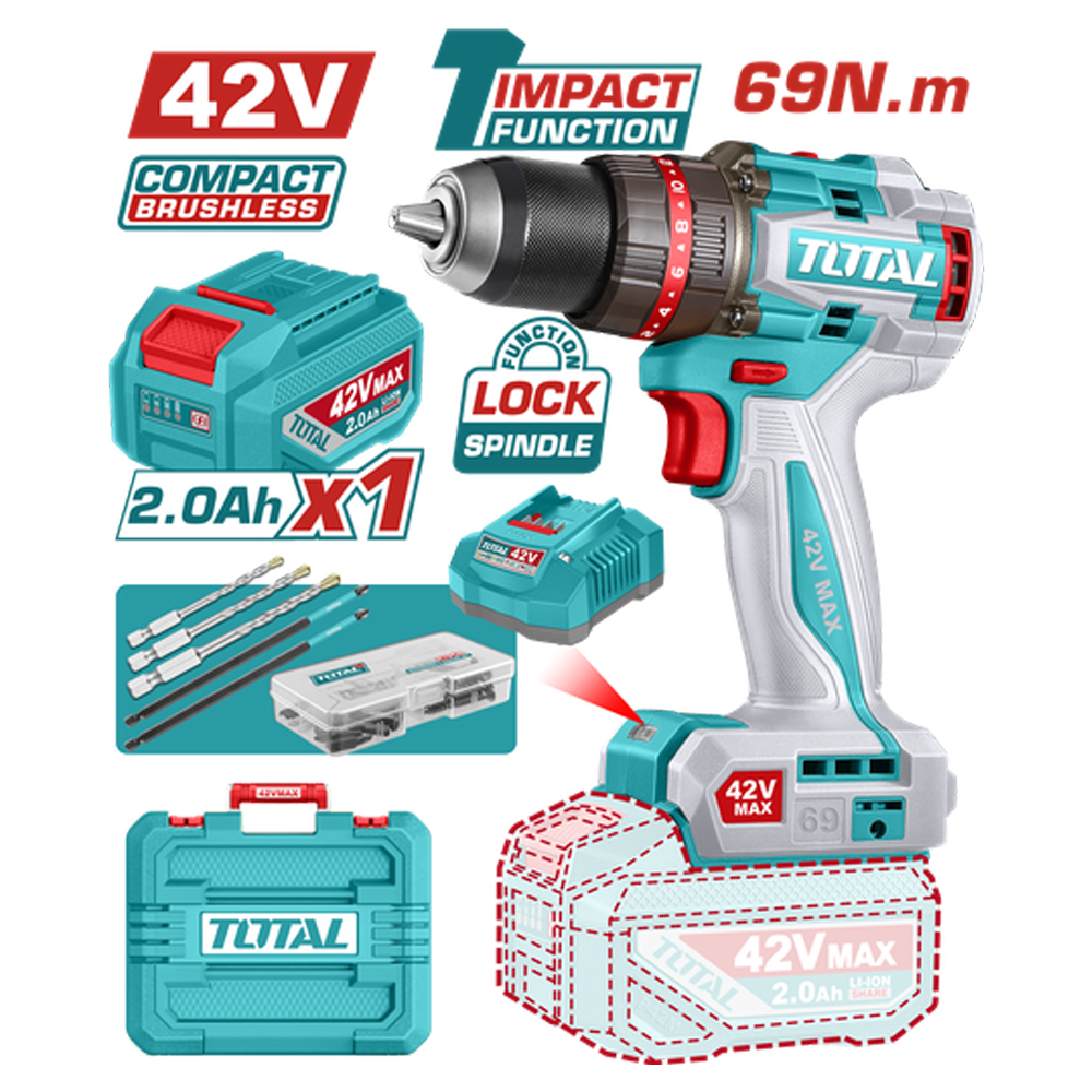 TALADRO INALAMBRICO PERCUTOR 1/2" 69NM 42V CAJA PLASTICA INCLUYE 1  BATERIA 42V, 1 CARGADOR Y ACCESORIOS INDUSTRIAL SUPER TOTAL (UTIDLI426981)