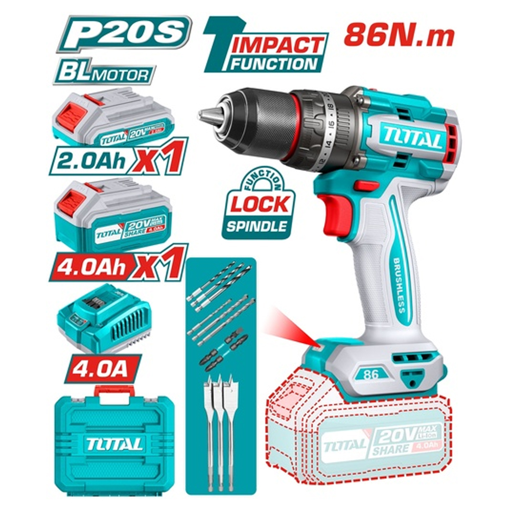 TALADRO INALAMBRICO PERCUTOR 1/2" 86NM 20V CAJA PLASTICA INCLUYE 1 BATERIA 2.0 AH, 1 BATERIA 4,0 AH , CARGADOR Y ACCESORIOS INDUSTRIAL SUPER TOTA L (UTIDLI20868)