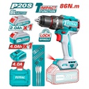 TALADRO INALAMBRICO PERCUTOR 1/2" 86NM 20V CAJA PLASTICA INCLUYE 1 BATERIA 2.0 AH, 1 BATERIA 4,0 AH , CARGADOR Y ACCESORIOS INDUSTRIAL SUPER TOTA L (UTIDLI20868)