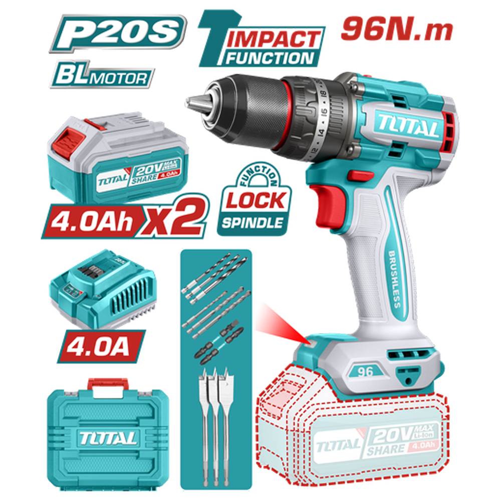 TALADRO INALAMBRICO PERCUTOR 1/2" 96NM 20V CAJA PLASTICA INCLUYE 2 BATERIAS 20V (4.0 AH), 1 CARGADOR Y ACCESORIOS INDUSTRIAL SUPER TOTAL (UTIDLI20968)