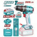 TALADRO INALAMBRICO PERCUTOR 1/2" 96NM 20V CAJA PLASTICA INCLUYE 2 BATERIAS 20V (4.0 AH), 1 CARGADOR Y ACCESORIOS INDUSTRIAL SUPER TOTAL (UTIDLI20968)
