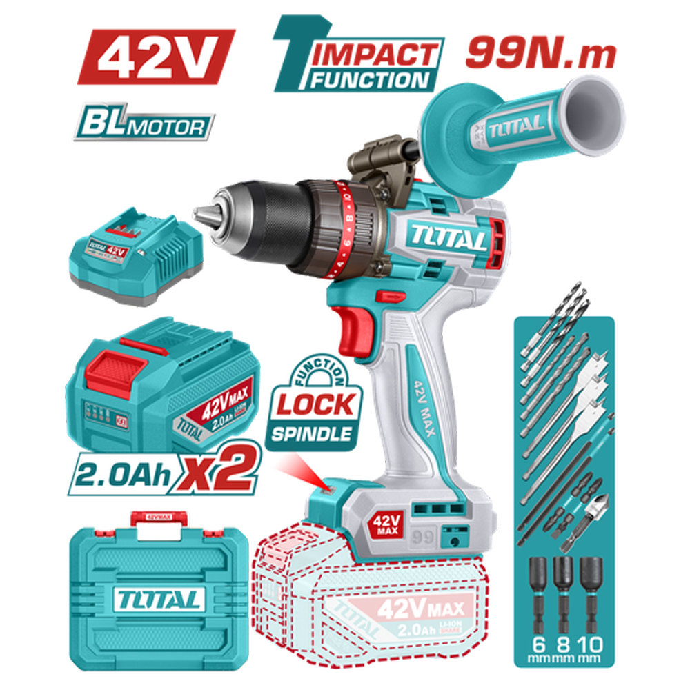 TALADRO INALAMBRICO PERCUTOR 1/2" 99NM 42V CAJA PLASTICA INCLUYE 2  BATERIA  2.0AH, 1 CARGADOR Y ACCESORIOS INDUSTRIAL SUPER TOTAL (UTIDLI429982)