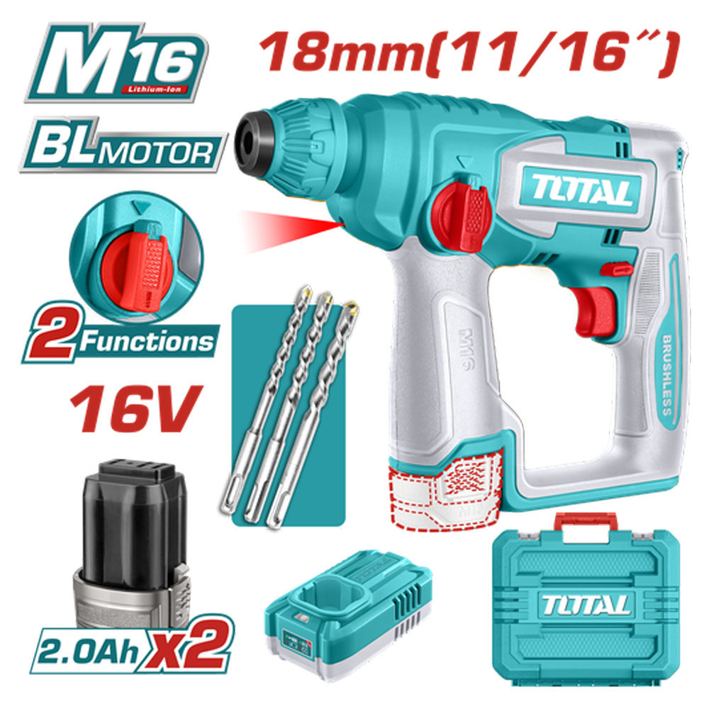 TALADRO INALAMBRICO ROTOMARTILLO SDS PLUS 11/16" 16V + 3 BROCAS INCLUYE 2 BATERIAS (2.0AH)  Y 1 CARGADOR INDUSTRIAL SUPER TOTAL (UTRHLI16168)