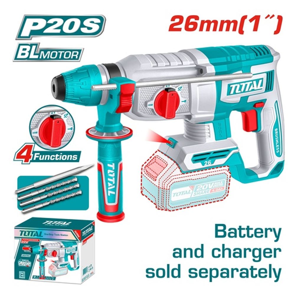TALADRO ROTOMARTILLO 1" 20V SDS PLUS 2,5 JULES  INCLUYE 3 BROCAS Y 1 CINCEL CARGADOR Y BATERIA NO INCLUIDO INDUSTRIAL TOTAL (TRHLI20268)