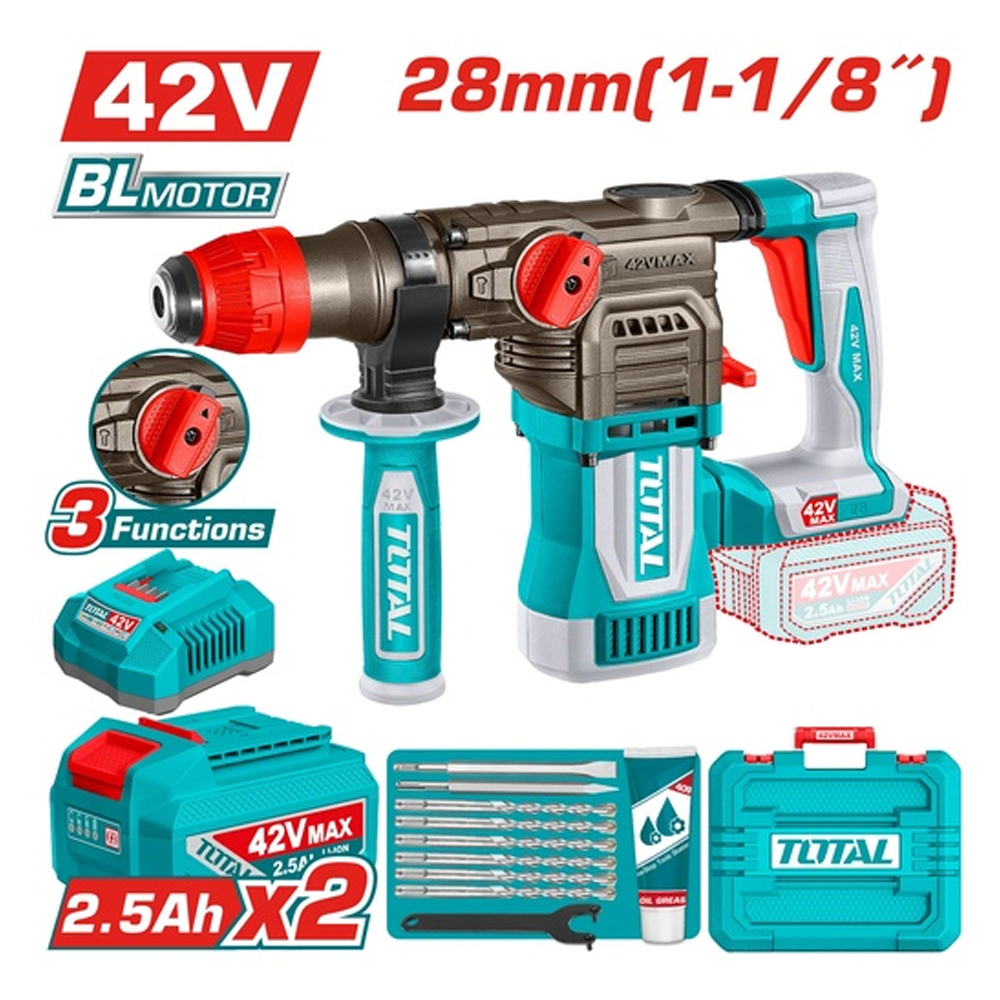 TALADRO ROTOMARTILLO 1-1/8" SDS PLUS 42V 4.5 JULES INCLYE  2 BATERIAS 2.5 AH, 1 CARGADOR  Y ACCESORIOS INDUSTRIAL SUPER TOTAL (UTRHLI422882)