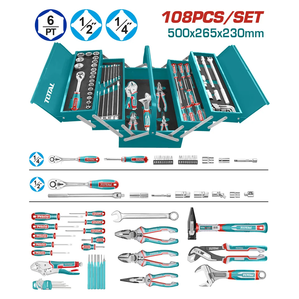 CAJA DE HERRAMIENTAS INCLUYE 108 PZS INDUSTRIAL METALICA TOTAL (THTCS121081)