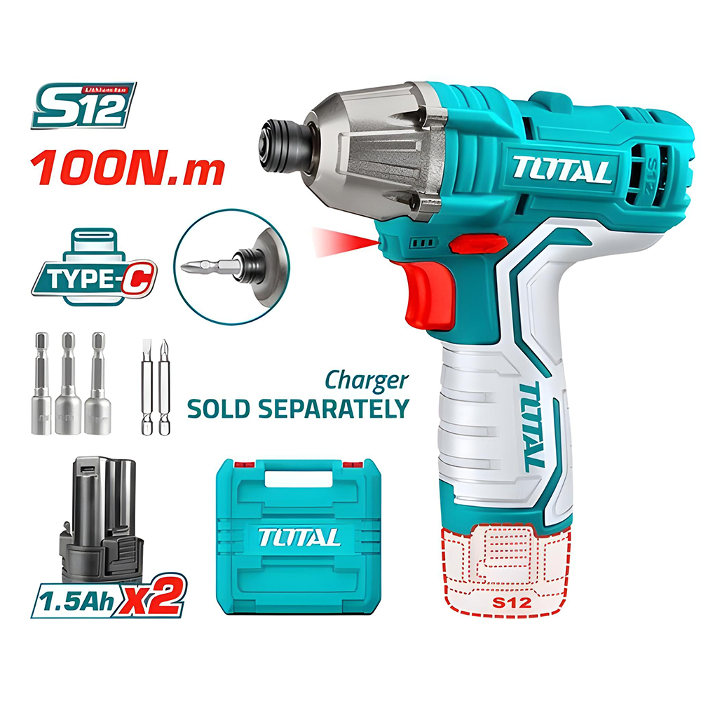 ATORNILLADOR DE IMPACTO INALAMBRICO 1/4 12V 100NM  INCLUYE 2 BATERIAS, 2 PUNTA TALADRO Y 3 COPAS  CAJA PLASTICA SUPER TOTAL (TIRLI12015)