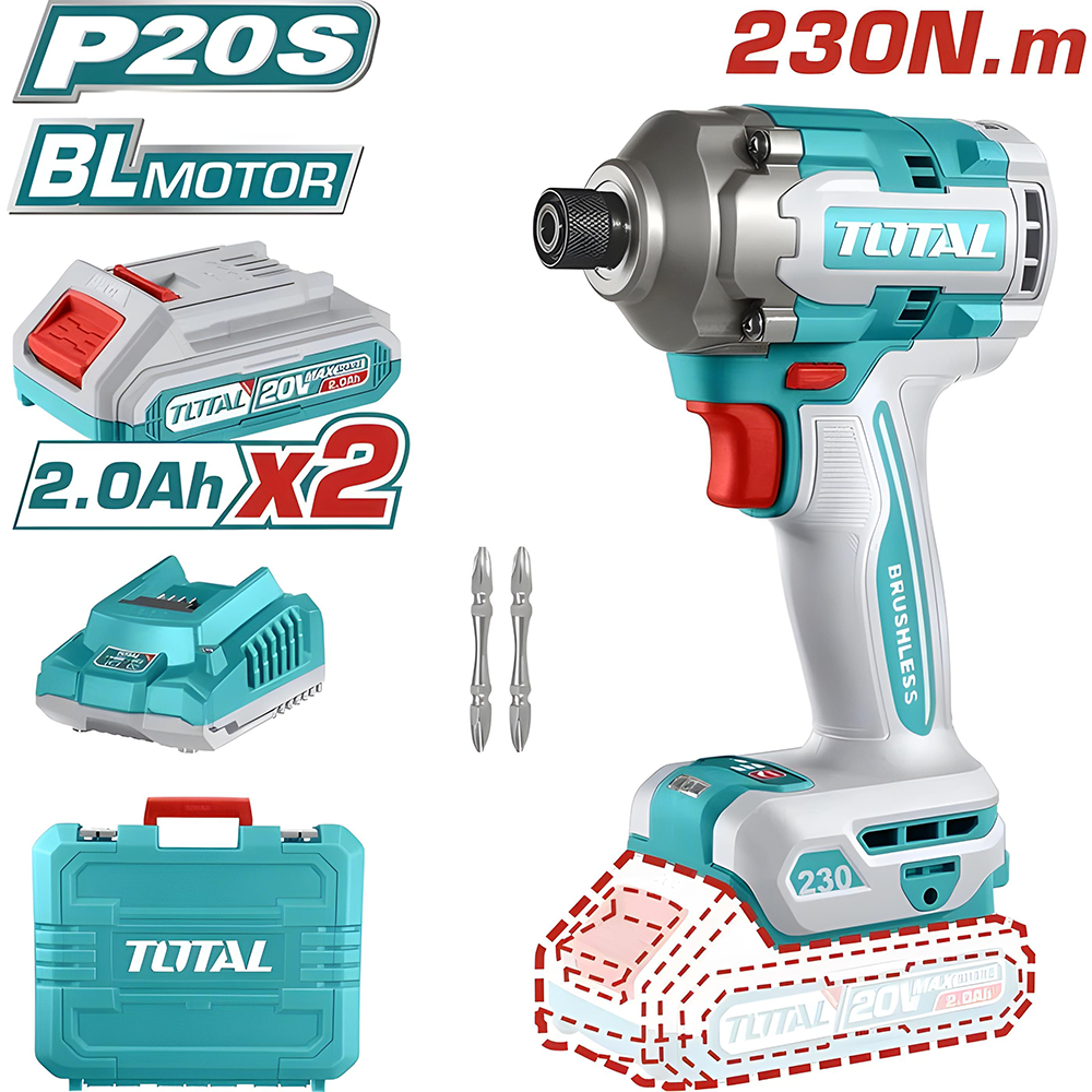 ATORNILLADOR DE IMPACTO INALAMBRICO 1/4 20V 230NM  INCLUYE 2 BATERIAS, 2 PUNTA TALADRO INDUSTRIA  SUPER TOTAL (UTIRLI2023)
