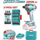 ATORNILLADOR DE IMPACTO INALAMBRICO 1/4 20V 285NM + JUEGO DE PUNTAS X 31 PZS INCLUYE 2 BATERIAS 4.0AH Y CARGADOR  INDUSTRIAL SUPER TOTAL (UTOSLI240966)