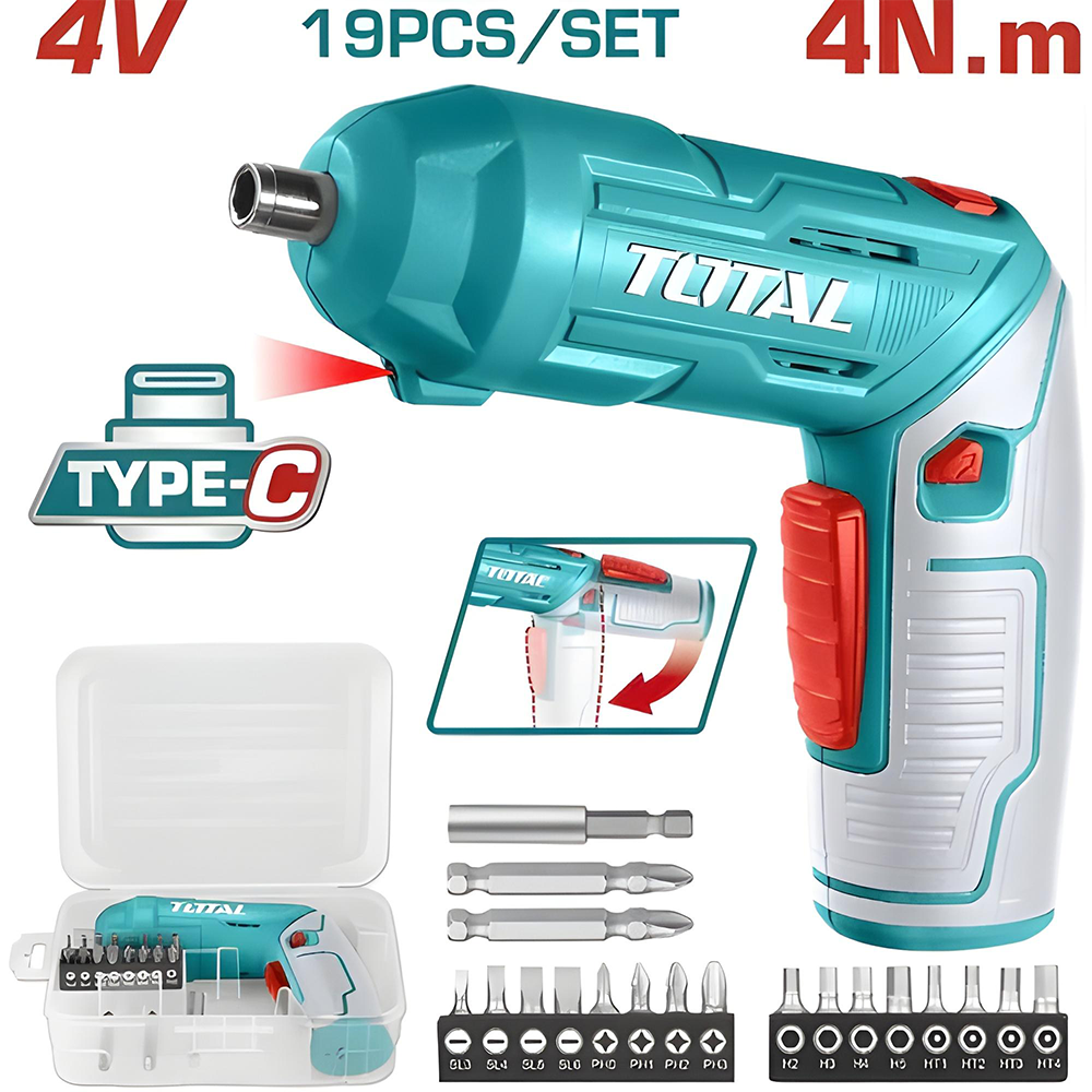 ATORNILLADOR INALAMBRICO 4V ESTUCHE PLASTICO + 16 PUNTAS TALADRO DE 25MM, 2 DE 50MM SUPER  TOTAL (TSDLI0442)