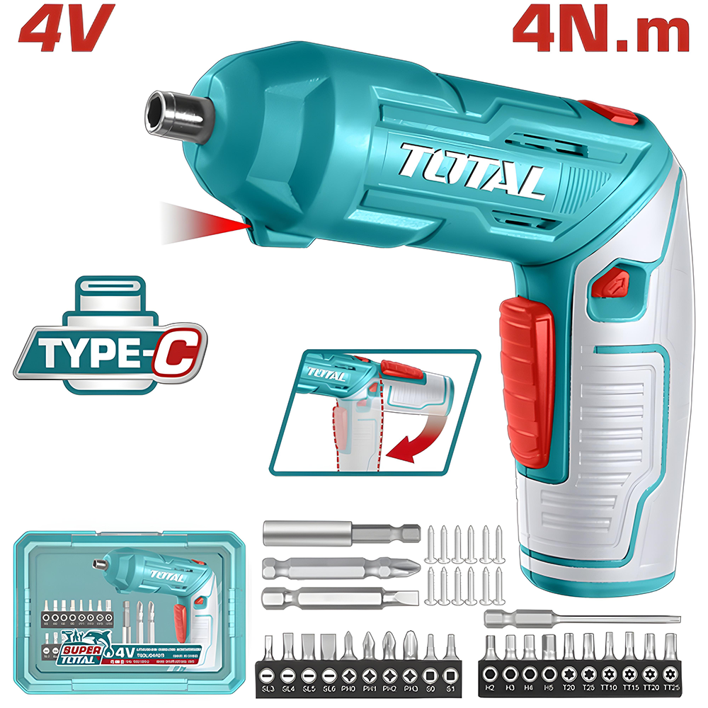 ATORNILLADOR INALAMBRICO 4V ESTUCHE PLASTICO + 20 PUNTAS TALADRO DE 25MM, 2 DE 50MM, 1 BROCA Y CONECTOR SUPER  TOTAL (TSDLI04425)