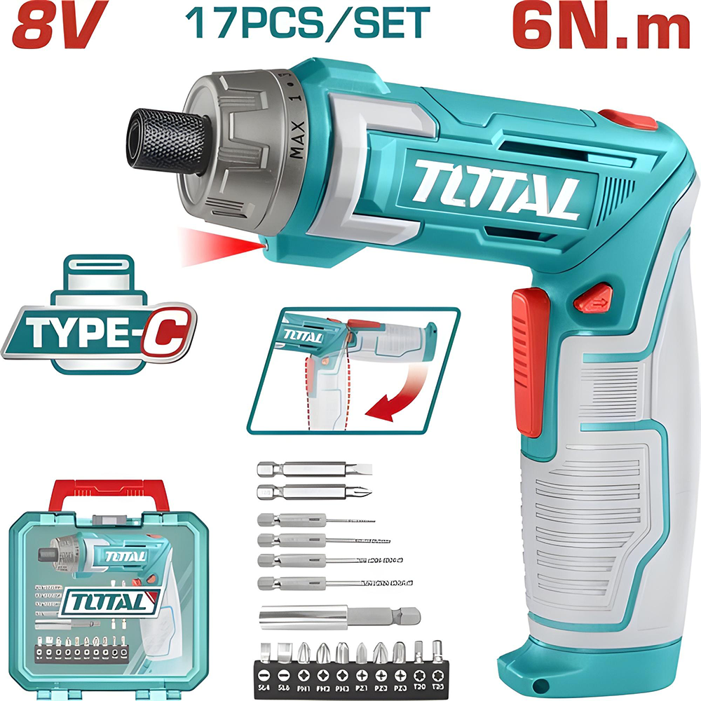ATORNILLADOR INALAMBRICO 8V, 6N.M ESTUCHE PLASTICO + 17 PIEZAS  TOTAL (TSDLI08025)