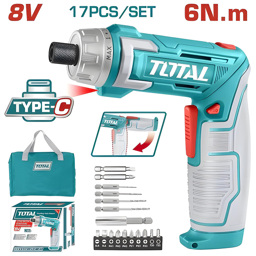 ATORNILLADOR INALAMBRICO 8V ESTUCHE PLASTICO + 17 PIEZAS  TOTAL (TSDLI0802)
