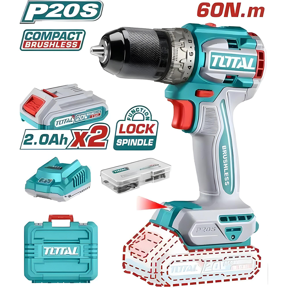 TALADRO ATORNILLADOR INALAMBRICO 1/2 20V 60NM INCLUYE 2 BATERIA DE 2.0AH, CARGADOR,47 ACCESORIOS TOTAL (UTDLI20602)