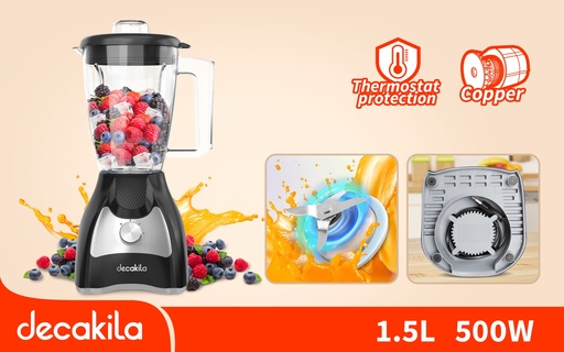 LICUADORA DE  DOS VELOCIDADES 1.5L  VASO PLASTICO 120V CUCHILLA  DE 4 HOJAS  DECAKILA (KUJB043B)