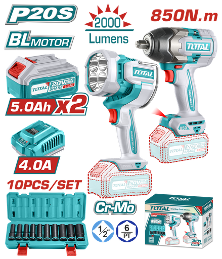 COMBO INALAMBRICO 20V PISTOLA IMPACTO INALAMBRICA 1/2 850 NM + LAMPARA DE TRABAJO INALAMBRICA 2000 LUMENES +  JUEGO DE COPA ( 10-24MM)  INCLUYE 2 BATERIAS 5.0 AH, CARGADOR Y  SUPER TOTAL ( UTOSLI241181)  