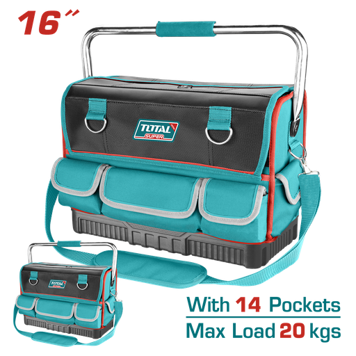 BOLSO DE HERRAMIENTAS 16 REFORZADO CON MANIJA METALICA CAPACIDAD MAXIMA 20KG INDUSTRIAL SUPER TOTAL (THT66L12)