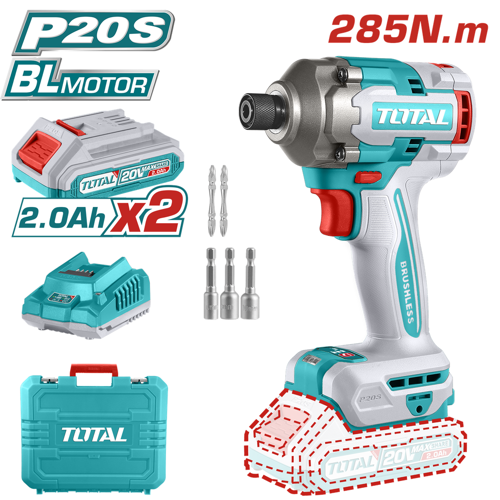 ATORNILLADOR DE IMPACTO INALAMBRICO 1/4 20V INCLUYE 2 BATERIAS, CARGADOR Y 5 ACCESORIOS CAJA PLASTICA INDUSTRIAL SUPER TOTAL  (UTIRLI2028)