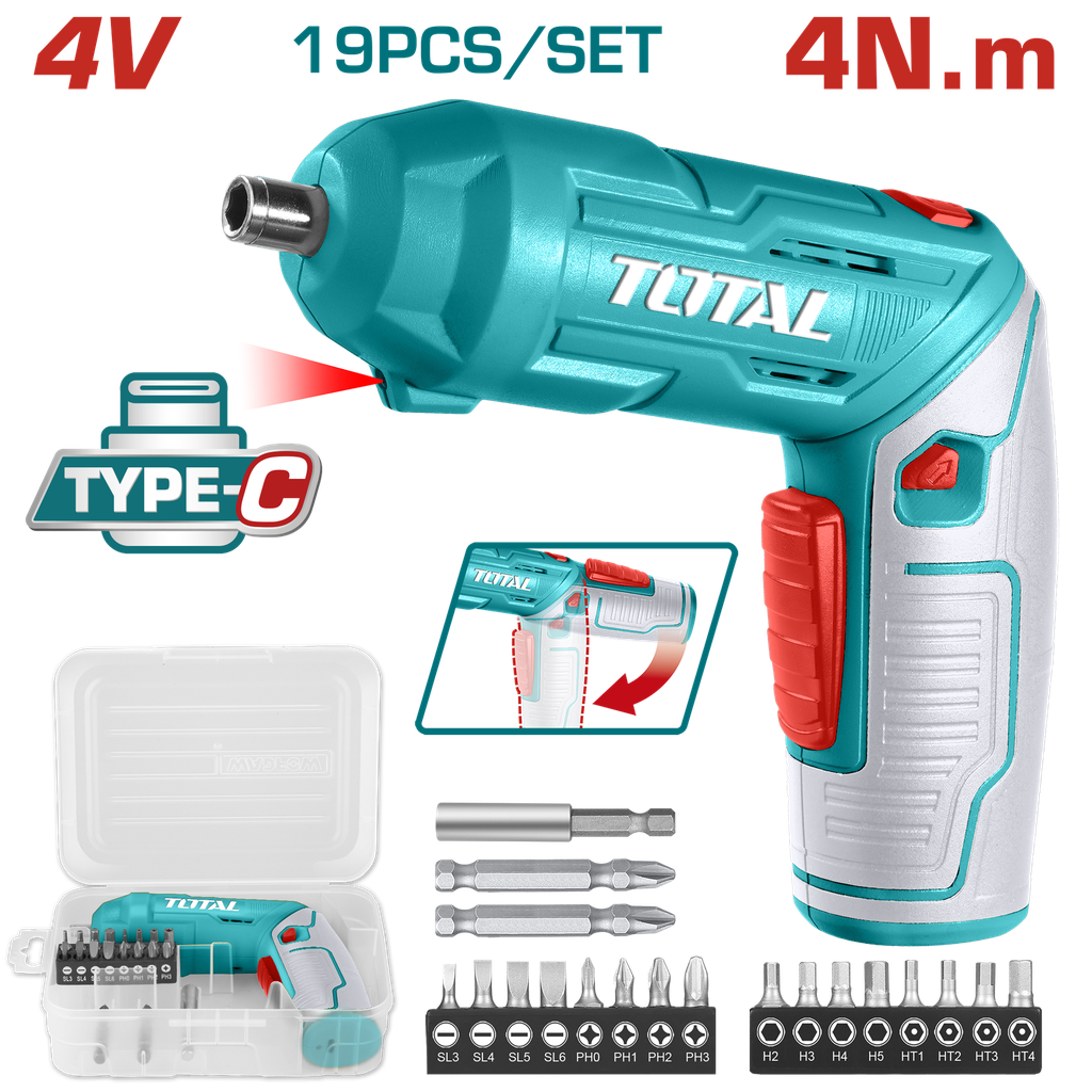 ATORNILLADOR INALAMBRICO 4V ESTUCHE PLASTICO + 16 PUNTAS TALADRO DE 25MM, 2 DE 50MM SUPER  TOTAL (TSDLI0442)