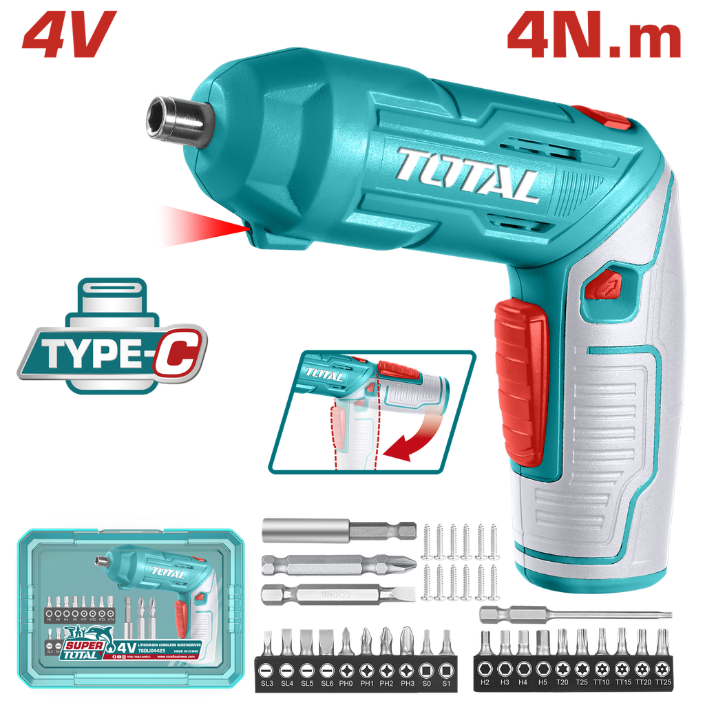ATORNILLADOR INALAMBRICO 4V ESTUCHE PLASTICO + 20 PUNTAS TALADRO DE 25MM, 2 DE 50MM, 1 BROCA Y CONECTOR SUPER  TOTAL (TSDLI04425)