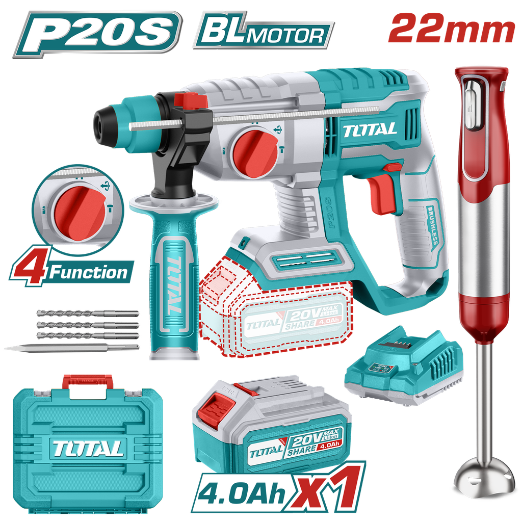 COMBO DE TALADRO ROTOMARTILLO INALAMBRICO SDS PLUS  20V INCLUYE 1 BATERIA, 1 CARGADOR,3 BROCAS 1 CINCEL TOTAL  Y BATIDORA DE MANO DECAKILA (UTOSLI240208)