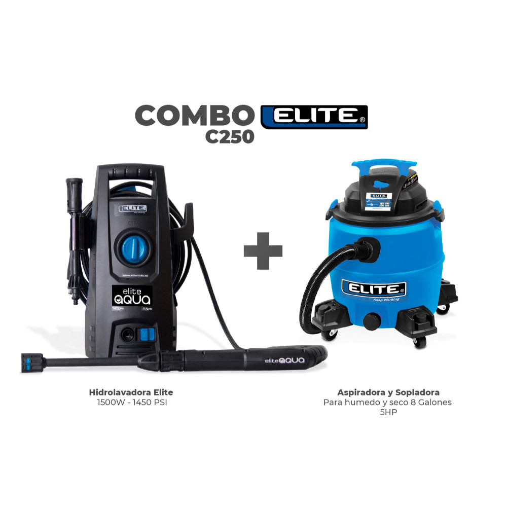 COMBO ELITE (HSM0922003) HIDROLAVADORA 1500W-1450PSI (PW1565) + ASPIRADORA Y SOLPLADORA PARA HUMEDO Y SECO 8 GALONES 5HP (VC0850P)