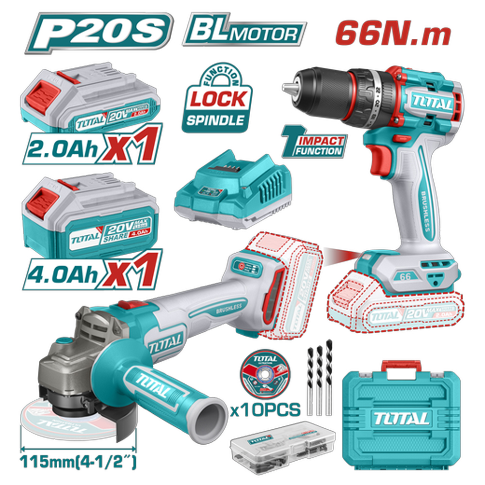 COMBO INALAMBRICO  TALADRO 1/2" 20V 66NM + PULIDORA 4 1/2" INCLUYE 1 BATERIA 20V(4.0AH), 1 BATERIA 20V(2.0AH) CARGADOR 20V, 10 DISCOS DE CORTE Y ACCESORIOS TOTAL (UTCKLI20273)