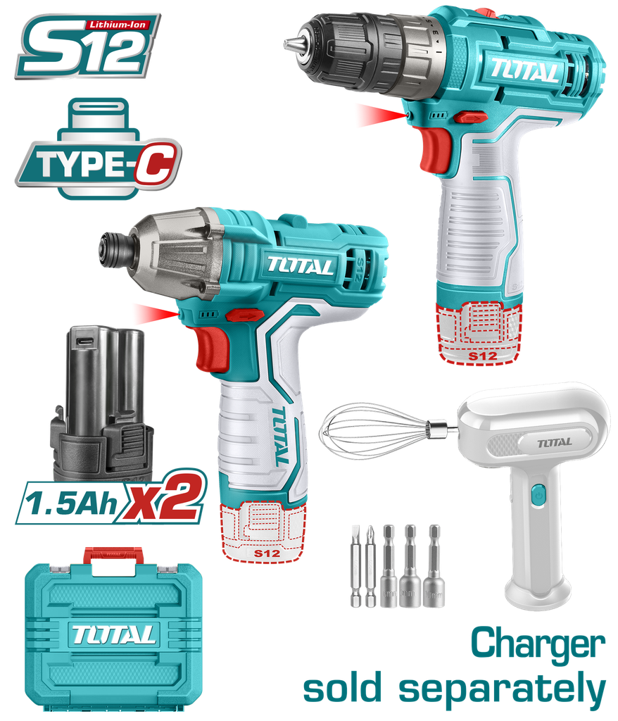 COMBO INALAMBRICO 12V ATORNILLADOR DE IMPACTO  + TALADRO 3/8"  INCLUYE 6 ACCESORIOS  + DOS BATERIAS 1.5AH + BATIDORA CARGADOR SE VENDE POR SEPARADO TOTAL (TOSLI240205)