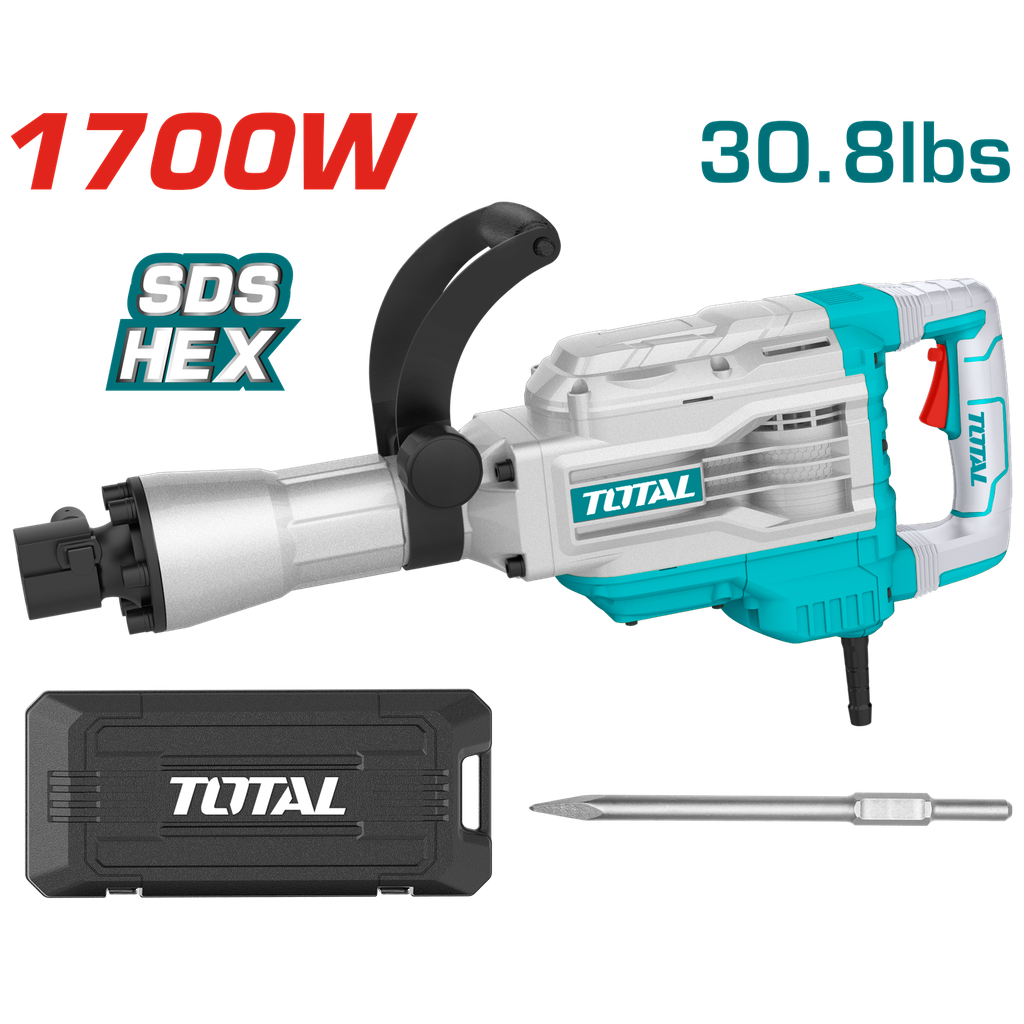 DEMOLEDOR SDS HEX 1700W 45JOULES INCLUYE UN CINCEL CAJA PLASTICA INDUSTRIAL TOTAL (UTH217458)