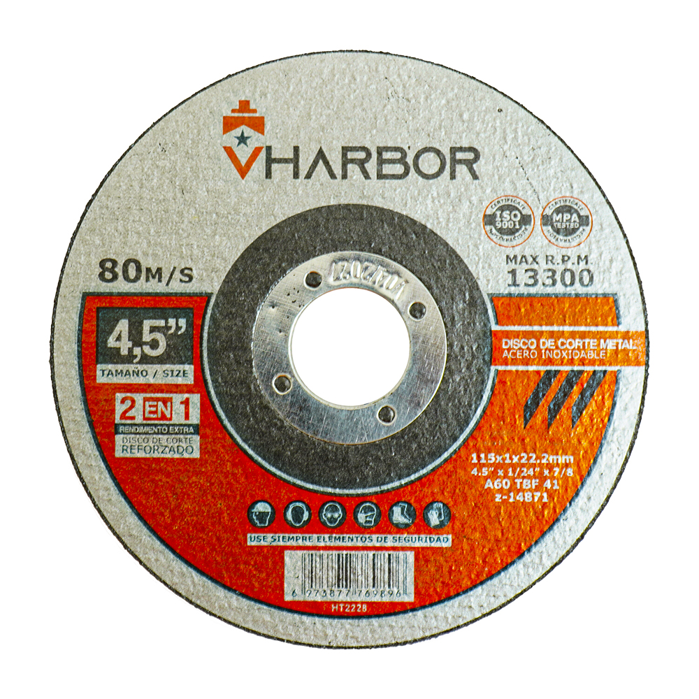 DISCO 4 1/2" CORTE METAL ACERO INOX VHARBOR(115X1X22.2MM) (HT2228)
