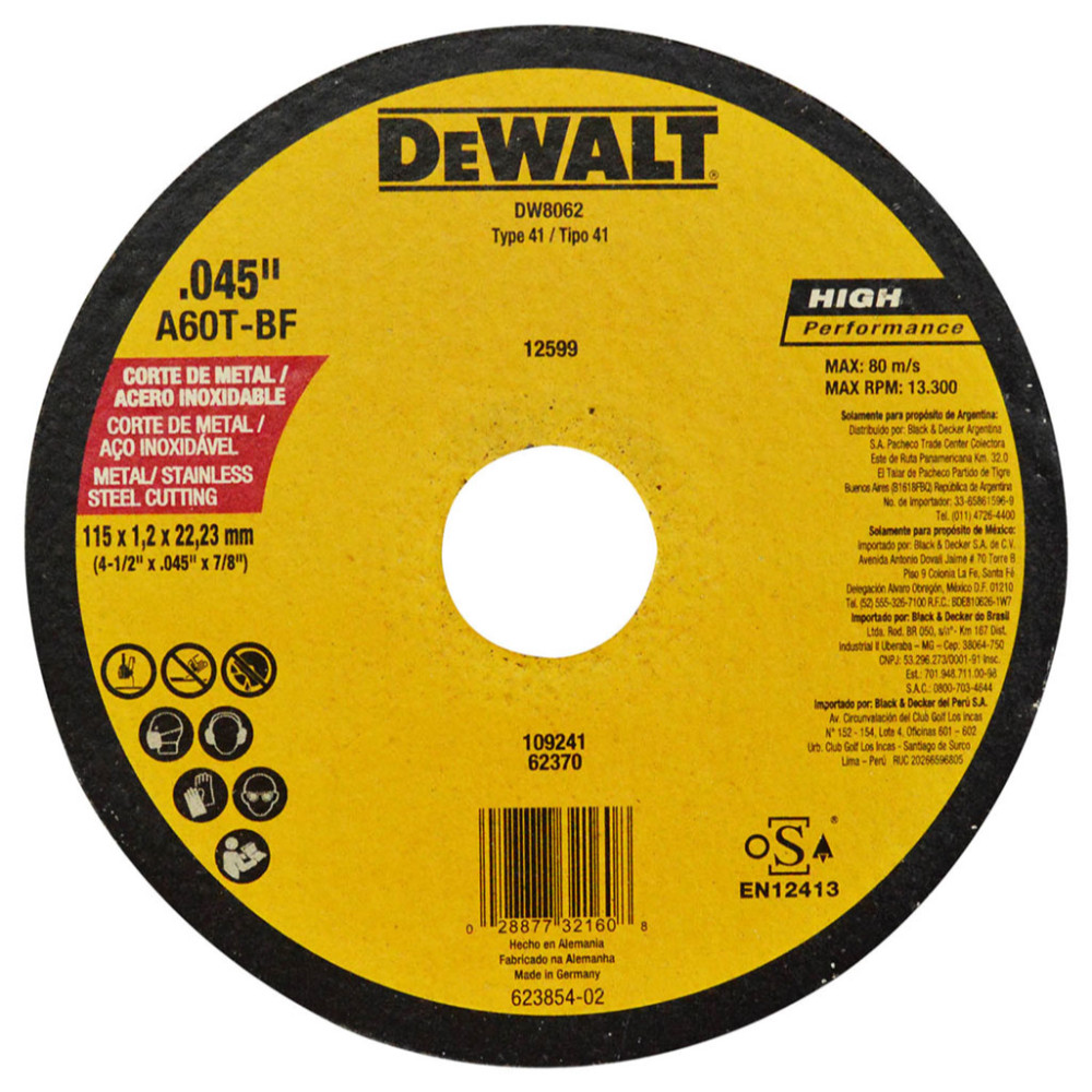 DISCO DEWALT CORTE METAL/ACERO INOX 4/12 PLANO AMARILLO ALEMAN (DW8062)