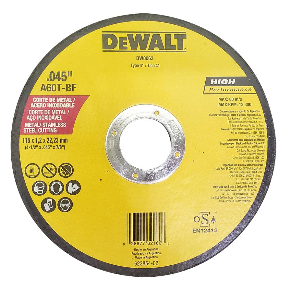DISCO DEWALT CORTE METAL/ACERO INOX 4/12PLANO AMARILLO ARGENTINO (DW8062:C)