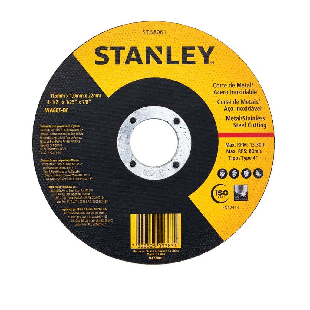 DISCO STANLEY CORTE METAL/ACERO INOX 4 1/2 PLANO AMARILLO NEGRO (STA8061)