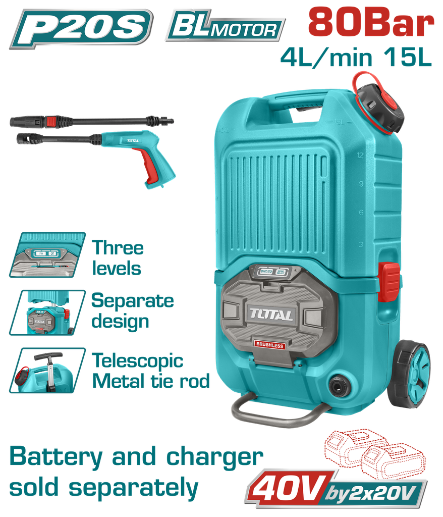 HIDROLAVADORA PORTATIL 40V 1160PSI INDUSTRIAL NO INCLUYE BATERIA NI CARGADOR TOTAL (TPWLI4006)