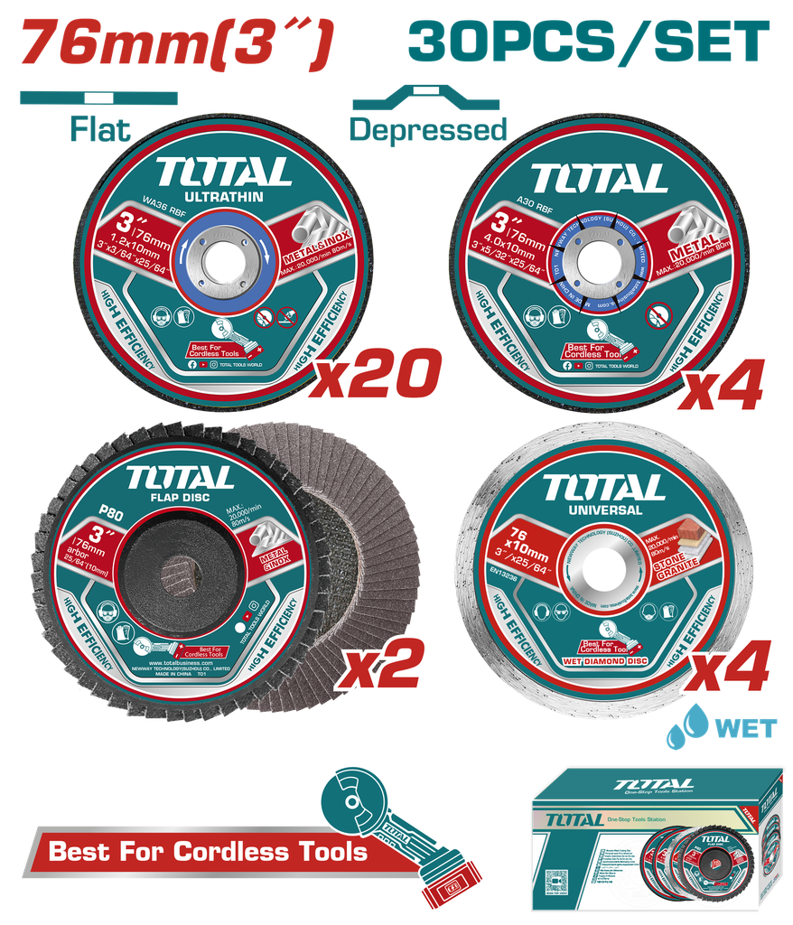 JUEGO DE DISCOS DE CORTE Y PULIR 3 " X 30 PZS SUPER TOTAL (TAC97630)