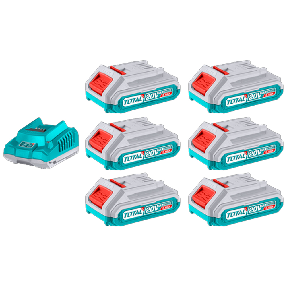 KIT DE 6 BATERIAS DE 20V (2.0 AH) + CARGADOR INDUSTRIAL TOTAL (UTFBCLI2062)