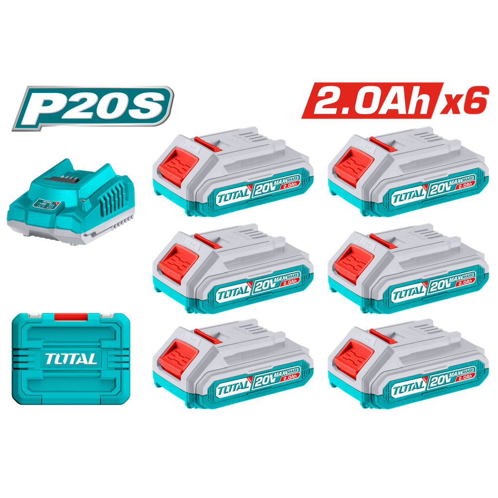 KIT DE 6 BATERIAS DE 20V (2.0 AH) + CARGADOR INDUSTRIAL TOTAL (UTFBCLI2062)