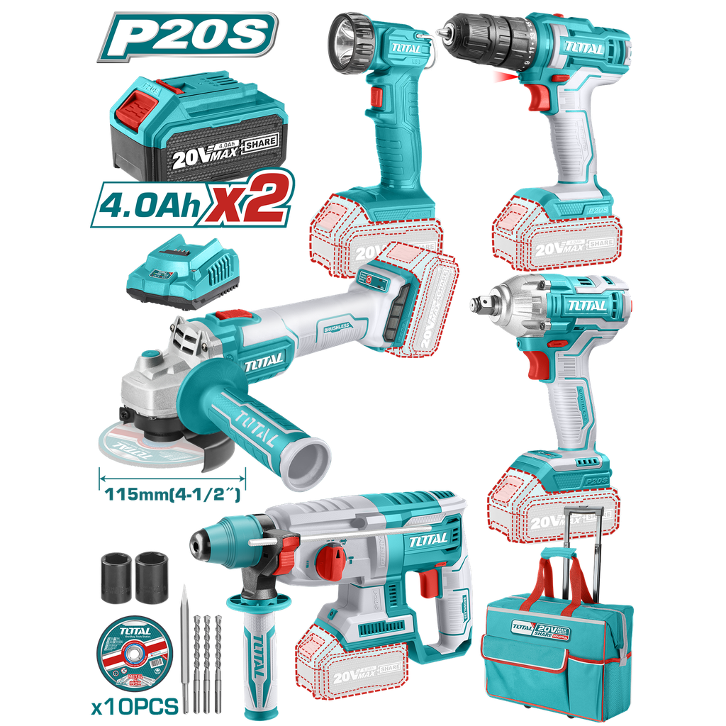 COMBO INALAMBRICO 20V X 5 PCS ROTOMARTILLO + PULIDORA + PISTOLA DE IMPACTO + TALADRO TOTAL (UTCKLI2019)