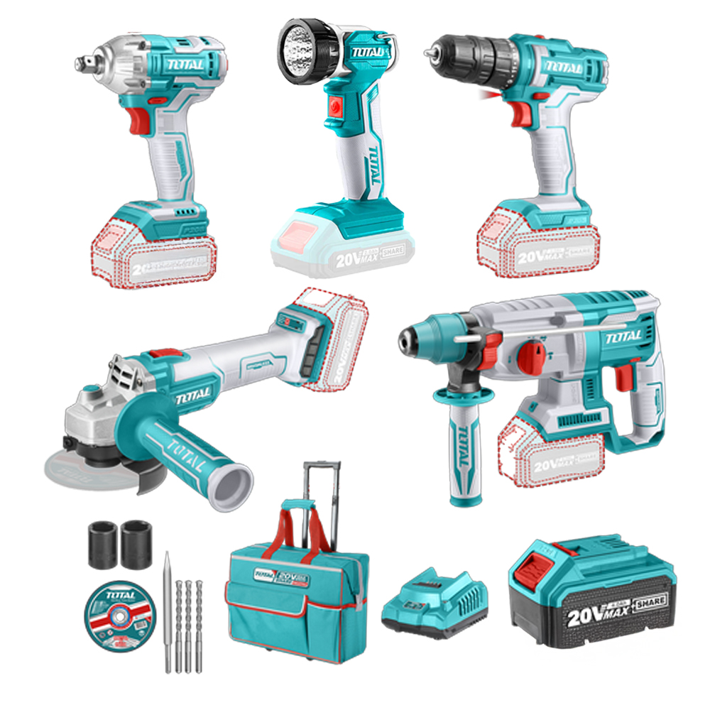 COMBO INALAMBRICO 20V X 5 PCS ROTOMARTILLO + PULIDORA + PISTOLA IMPACTO + TALADRO TOTAL (UTCKLI2019)