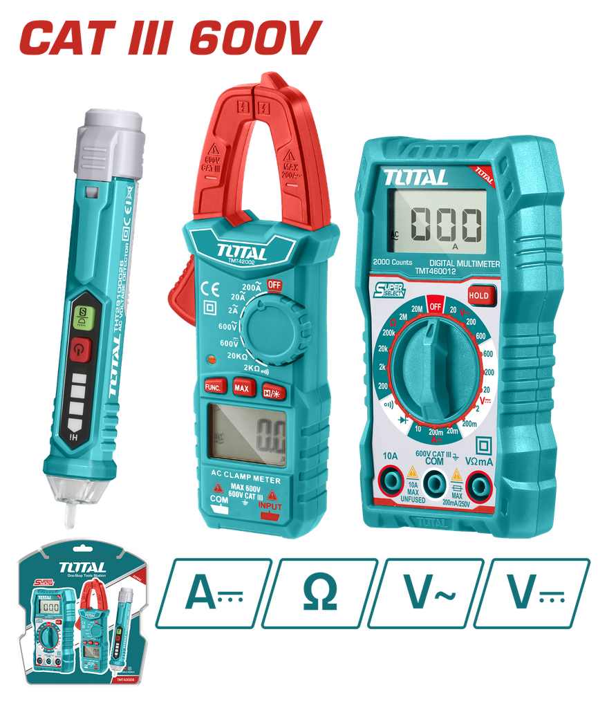 KIT MEDIDOR DE CORRIENTE DIGITAL INCLUYE PROBADOR - TESTER - PINZA SUPER SELECT TOTAL (TMT43028)
