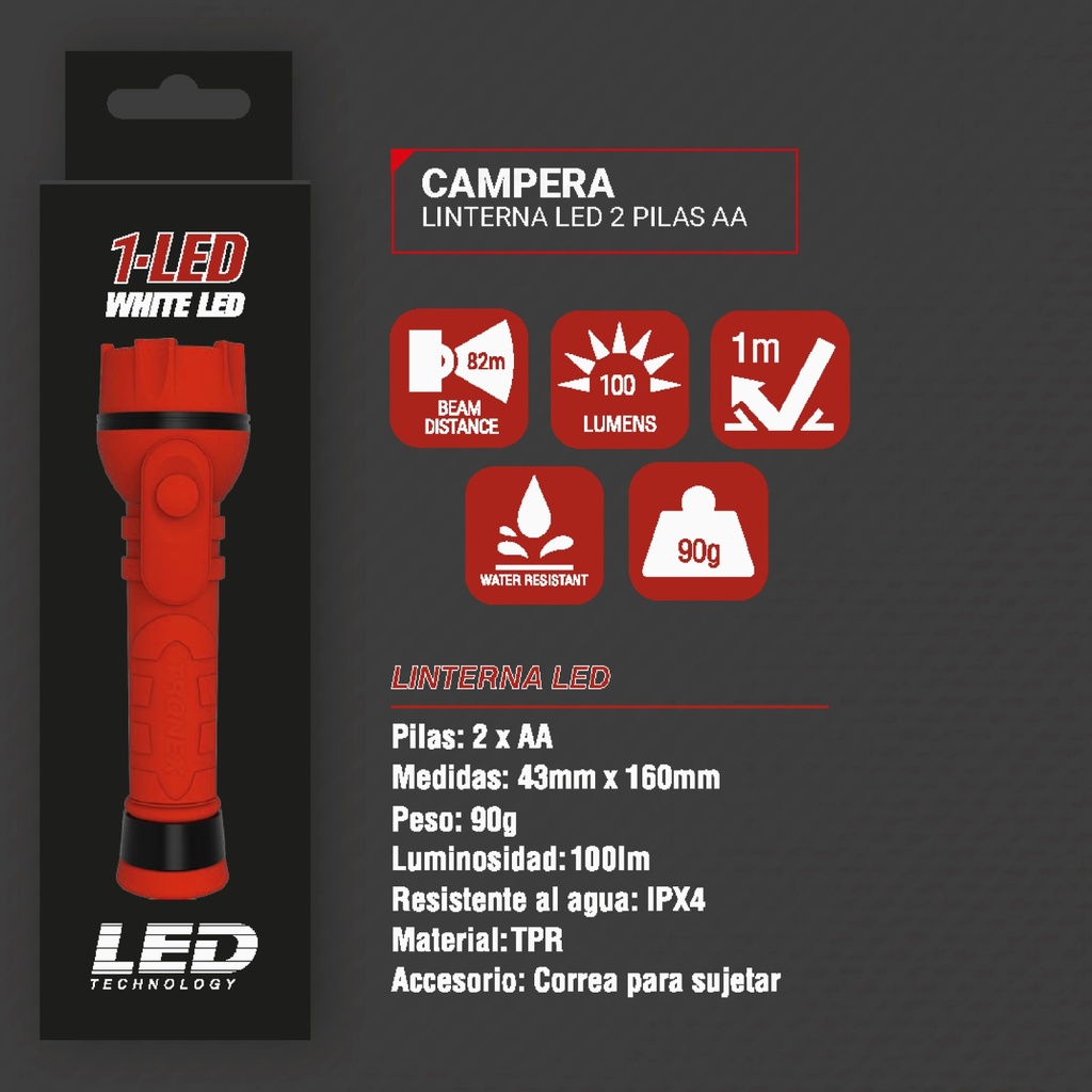 LINTERNA TRONEX 3 LED 55 LUMENES CAUCHO (PILA AA ) (TRL20LR6CA)
