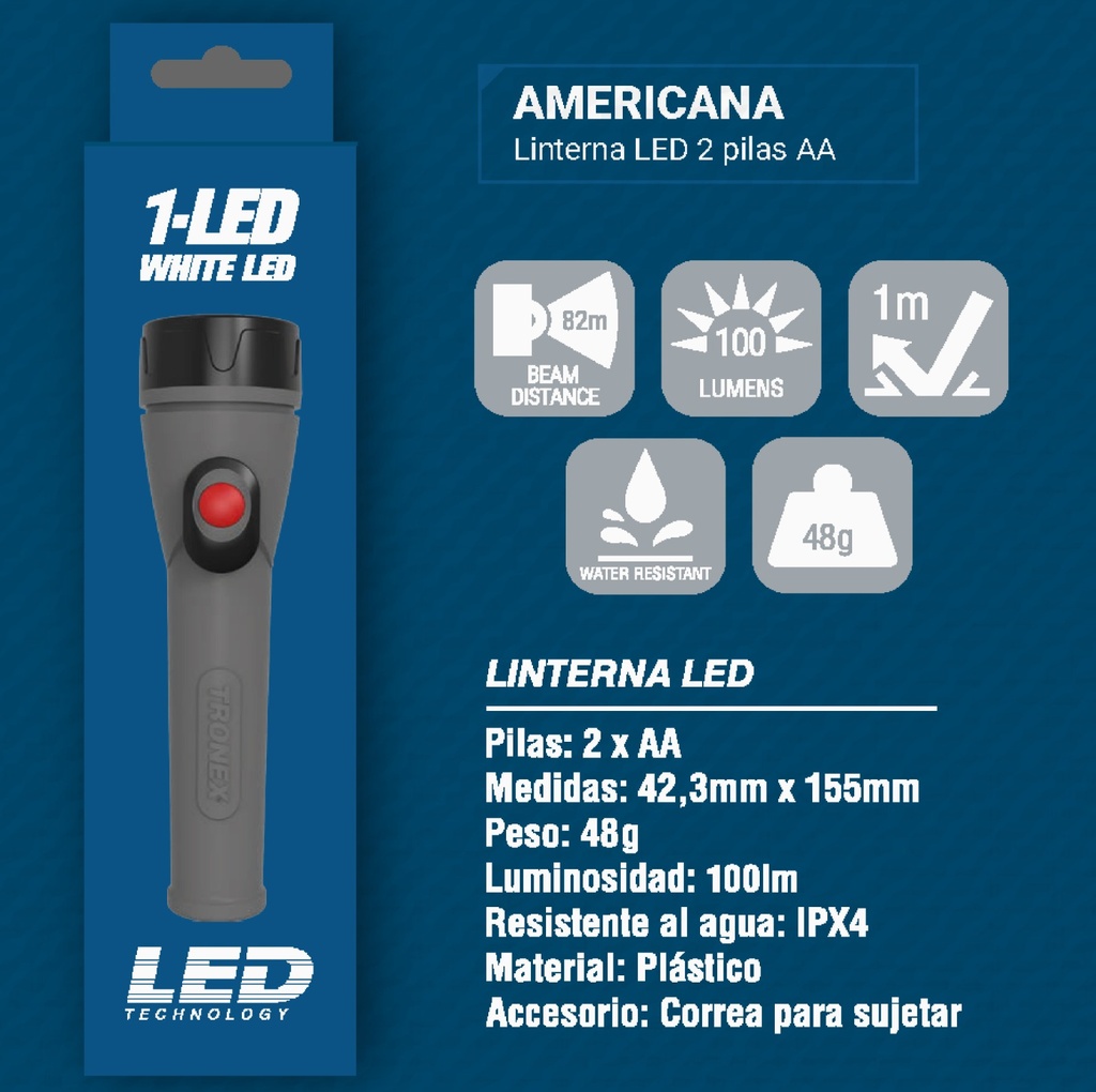 LINTERNA TRONEX AMERICANA 3 LED 55LUMENS PILA AA  PLASTICA GRIS (TRL25LR6PLGR)